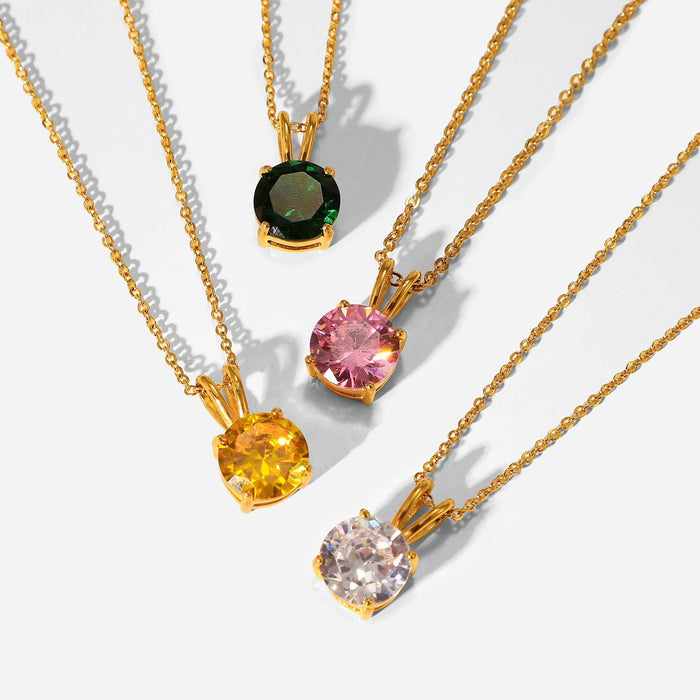 Stainless Steel Natural Stone Round Diamond Pendant Necklace Women