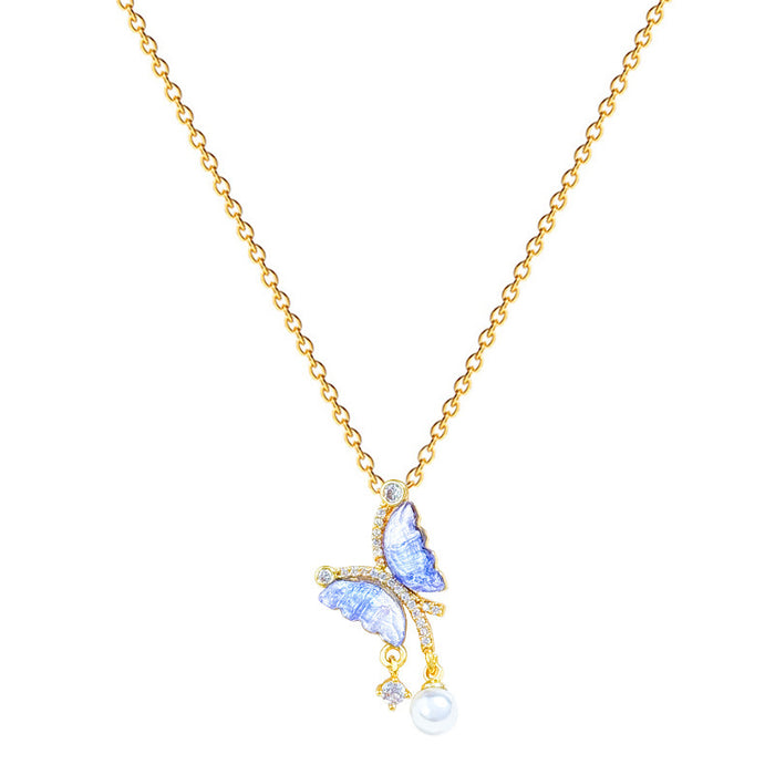 Blue Butterfly Pearl Full Diamond Necklace Women