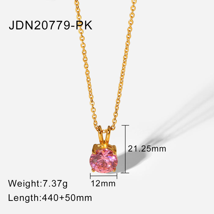 Stainless Steel Natural Stone Round Diamond Pendant Necklace Women
