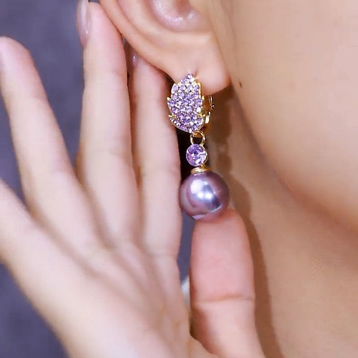 Light Luxury Purple Full Diamond Leaf Pearl Earrings For Women