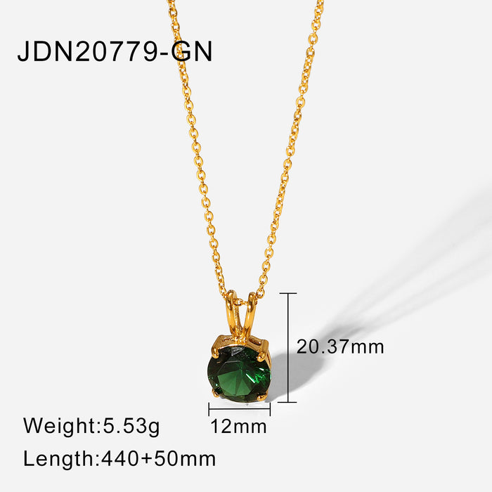 Stainless Steel Natural Stone Round Diamond Pendant Necklace Women