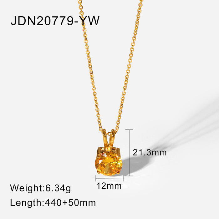 Stainless Steel Natural Stone Round Diamond Pendant Necklace Women