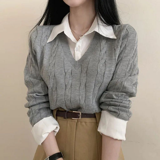 Korean Style Blouse Collar Stitching Fake Two-piece Knitted Sweaters