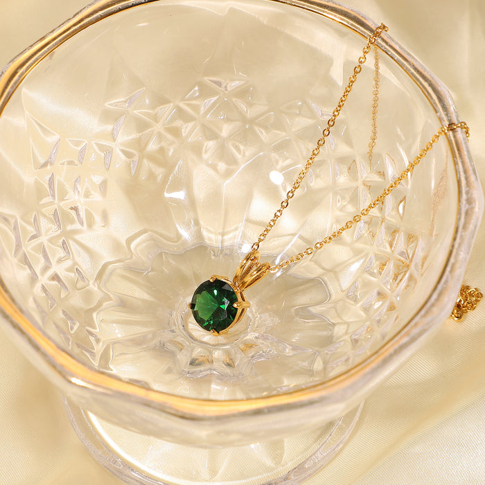 Stainless Steel Natural Stone Round Diamond Pendant Necklace Women