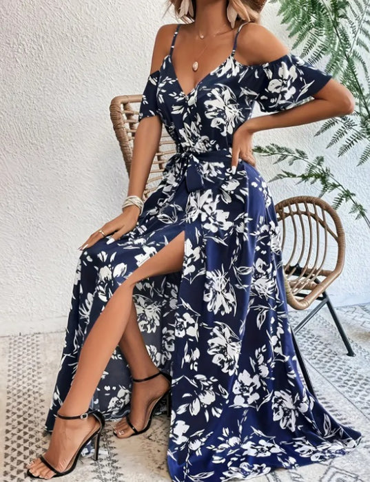 Flower Print Split Suspender Dress With Lace-up Design Summer Fashion Long Dresses Beach Clothing For Women